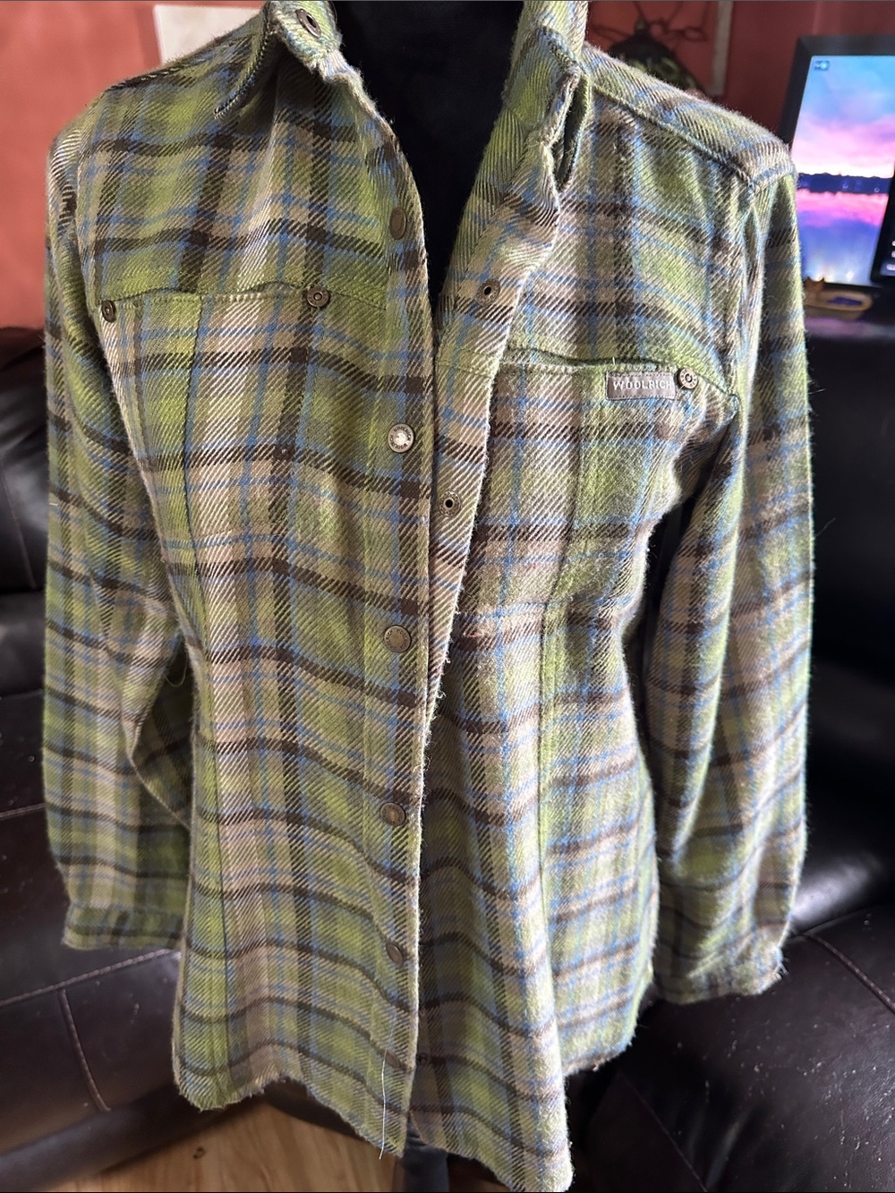 Woolrich Olive Green and Slate Plaid Utility Jacket